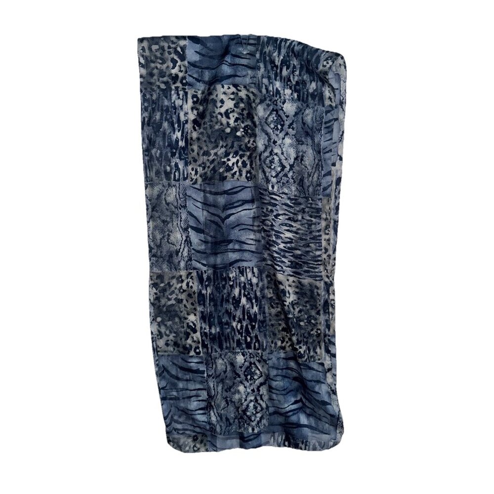 Vintage Blue Grey Patchwork Animal Print Long Scarf Poly Silk Blend Lightweight